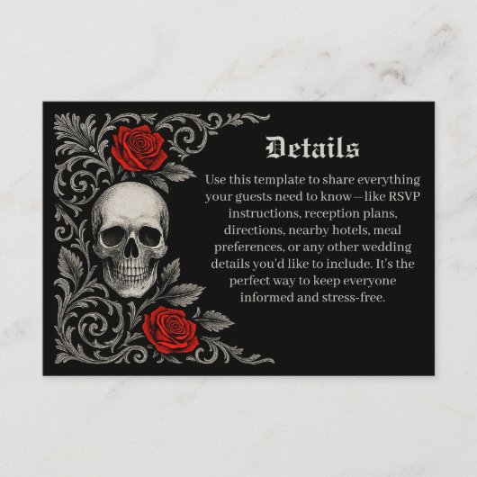 Gothic Skull Roses Wedding Details Enclosure Card Informatiekaartje (Voorkant)