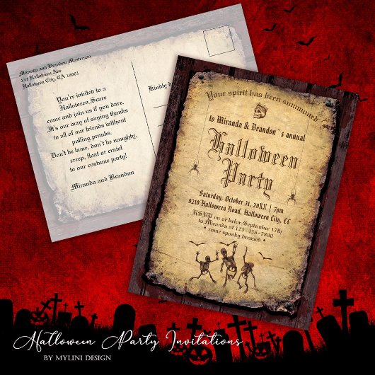 Gothic Skull Skeletons Bats Halloween Party Uitnod Briefkaart