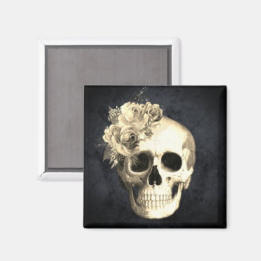 Gothic Skull White Roses Halloween Magneet (Voorkant / Achterkant)