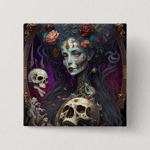 Gothic Skull Zombie Woman Gothic Vierkante Button 5,1 Cm