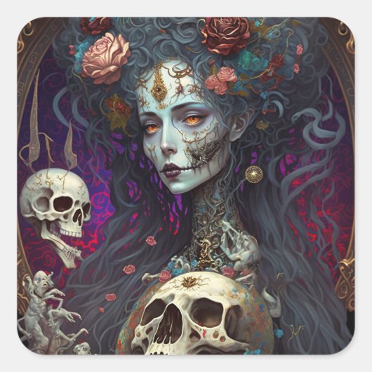 Gothic Skull Zombie Woman Gothic Vierkante Sticker (Voorkant)