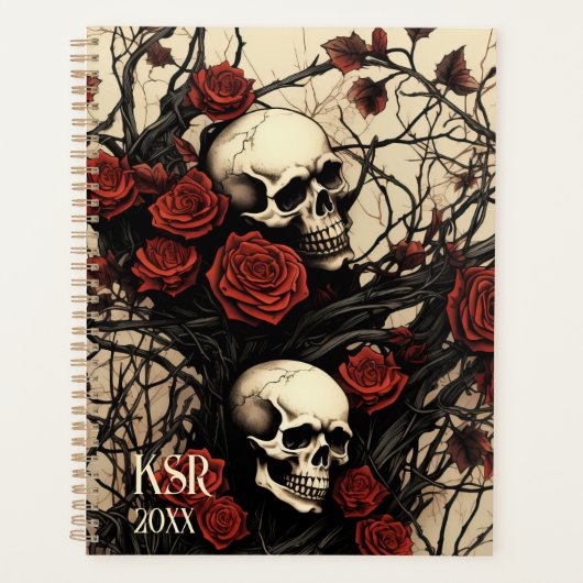 Gothic Skulls and Red Roses Monogram  Planner (Voorkant)