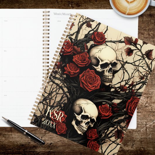 Gothic Skulls and Red Roses Monogram  Planner