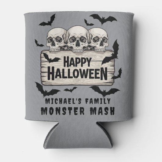 Gothic Skulls Bats Happy Halloween Beer Koozie (Voorkant)