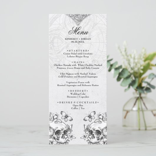 Gothic Skulls Black & White Wedding Moody Menu (Staand voorkant)