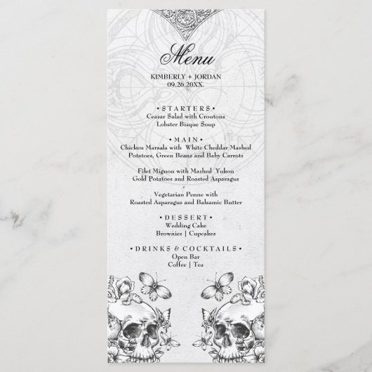 Gothic Skulls Black & White Wedding Moody Menu (Voorkant)