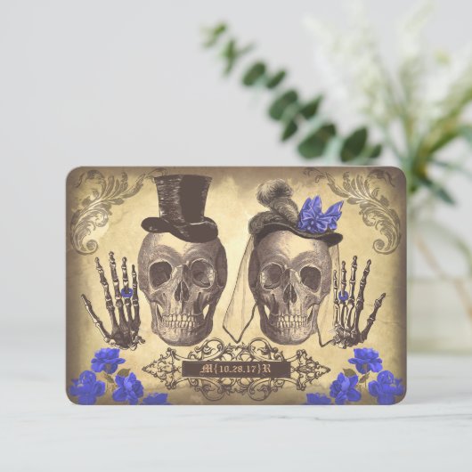 Gothic Skulls Day of the Dead Wedding RSVP-kaarten RSVP Kaartje (Staand voorkant)