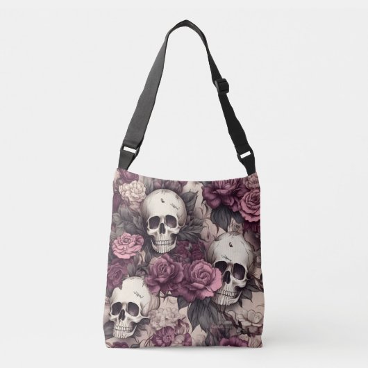 Gothic Skulls Herfst Bloemen Donker Halloween Crossbody Tas (Voorkant)