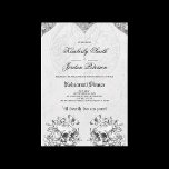 Gothic Skulls Moody Dark Wedding Rehearsal Dinner Kaart<br><div class="desc">Als je een donkere esthetische bruiloft wilt hebben, dan zijn deze gotische repetities voor je. Het ontwerp bevat prachtige elementen van gotische kapels, twee schedels met bloemen, en opvallend weergegeven tekst: 'tot de dood ons deelneemt. ontwerp, met prachtige kalligrafie, maakt deze trouwuitnodiging samen. Bekijk de rest van het collectie voor...</div>