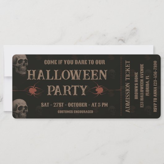 Gothic Skulls & Ravens Dark Halloween Party Ticket Kaart (Voorkant)
