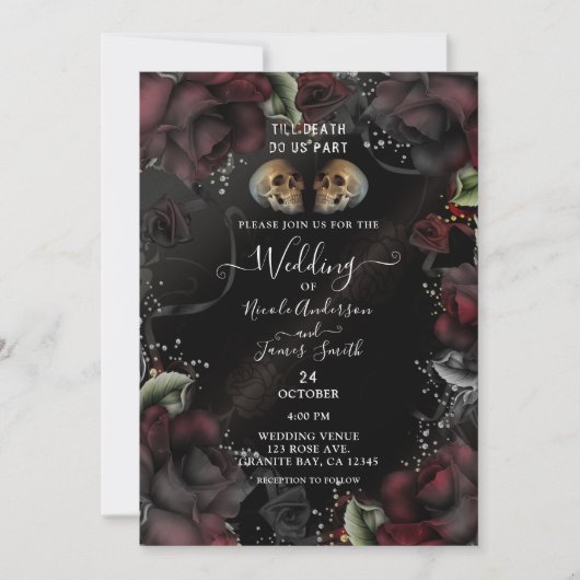 Gothic Skulls Red Black Rozen Halloween Wedding Kaart (Voorkant)