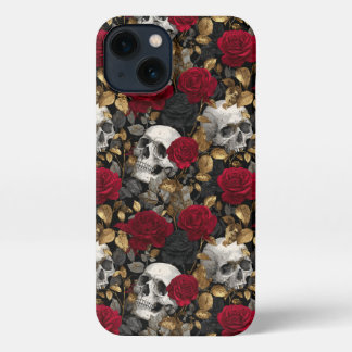 Gothic Skulls & Red Roses Dark Floral Gold iPhone 13 Hoesje