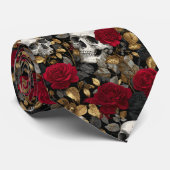 Gothic Skulls & Red Roses Dark Floral Gold Stropdas (Opgerold)