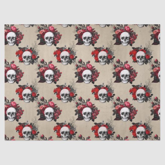 Gothic skulls red rozen betonnen patroon tissuepapier (Voorkant)
