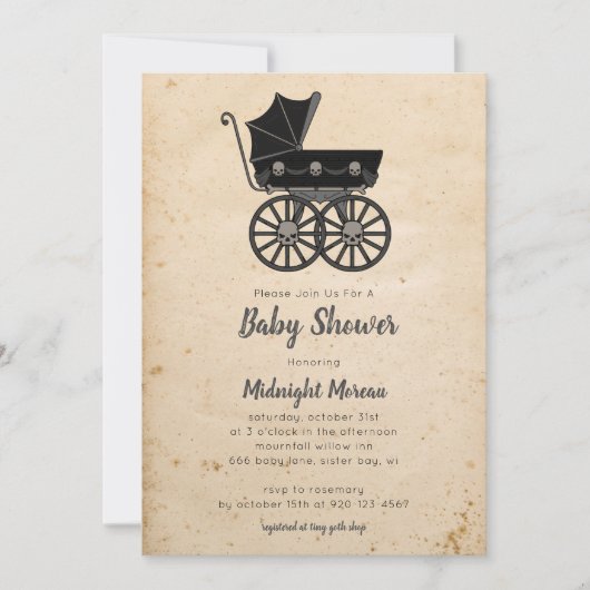 Gothic Skulls Stroller Baby shower Invitation Kaart (Voorkant)