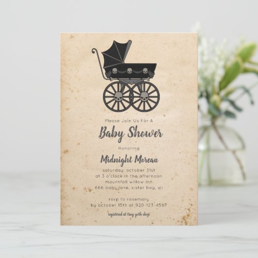 Gothic Skulls Stroller Baby shower Invitation Kaart (Staand voorkant)