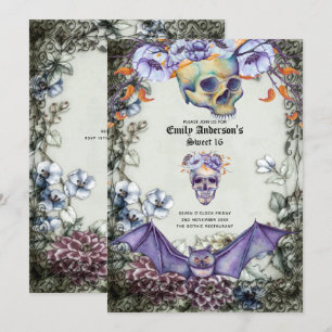 Gothic Skulls Sweet 16 Paarse Oranje bloemen Kaart