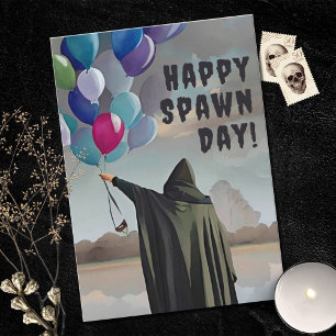 Gothic Spawnday Balloons & Dark Clouds Birthday Kaart