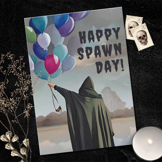 Gothic Spawnday Balloons & Dark Clouds Birthday Kaart