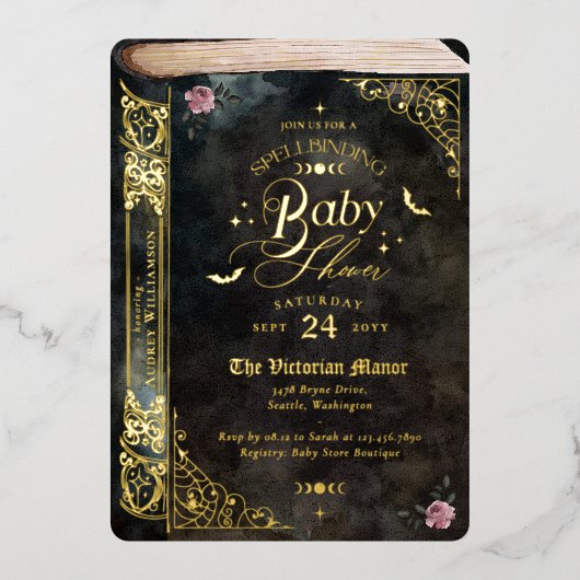 Gothic Spellbinding  Gothic Boek Baby shower Folie Uitnodiging (Voorkant)