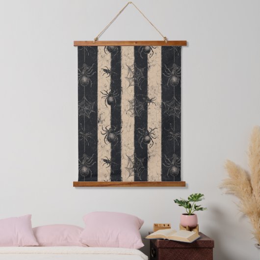Gothic Spider en Web Gestreepte Halloween Patroon Hangend Wandkleed (Slaapkamer)