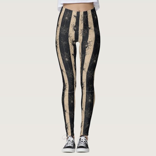 Gothic Spider en Web Gestreepte Halloween Patroon Leggings (Voorkant)