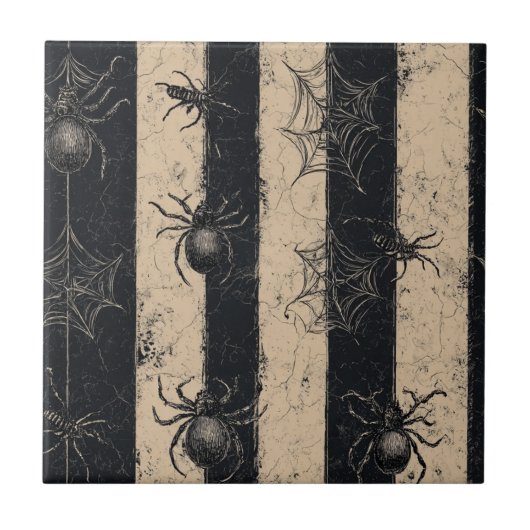 Gothic Spider en Web Gestreepte Halloween Patroon Tegeltje (Voorkant)