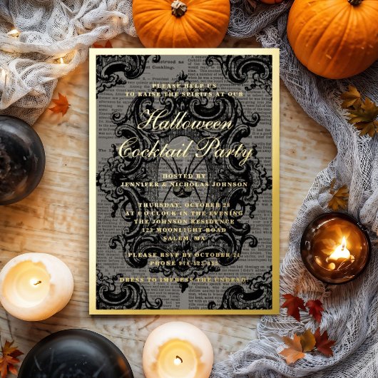 Gothic Spider Halloween Cocktail Party Gold Folie Uitnodiging