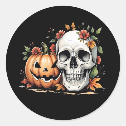 Gothic Spooky Skull and Pumpkin Ronde Sticker (Voorkant)