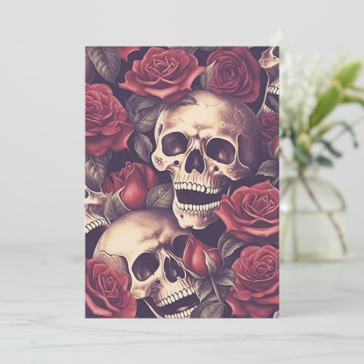Gothic  Spooky Skulls en rozen Halloween Kaart (Staand voorkant)