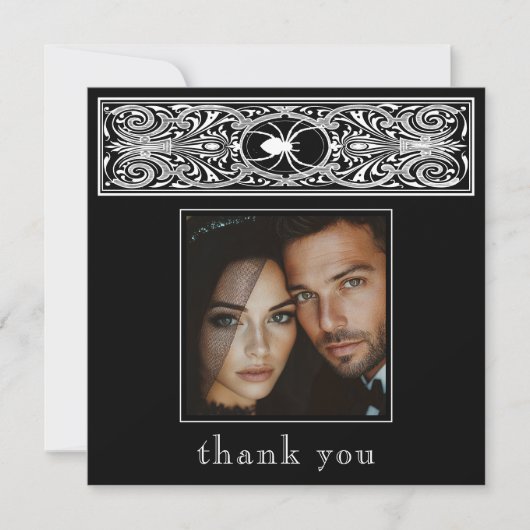 Gothic Spooky Spider Zwart Wit Trouwfoto Bedankkaart (Voorkant)