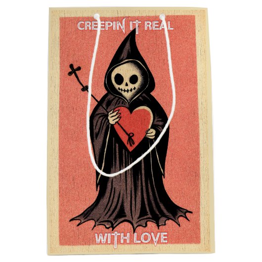 Gothic Spooky Valentijn Grim Reaper met Hart Medium Cadeauzakje (Voorkant)