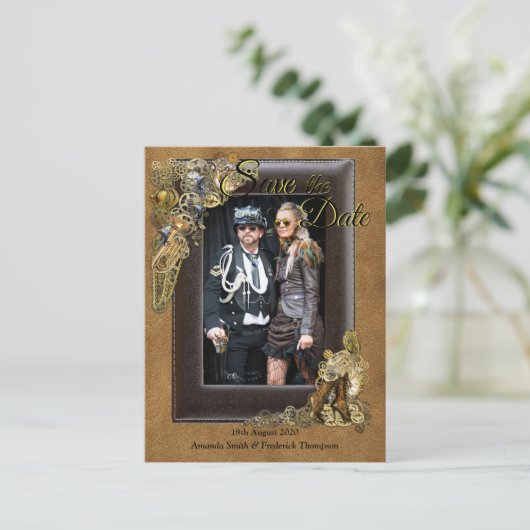 Gothic - Steampunk Bruiloft op Suede Save the Date Aankondigingskaart (Staand voorkant)