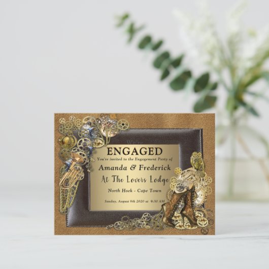 Gothic - Steampunk bruiloft op Suede Verloving Uitnodiging Briefkaart (Staand voorkant)