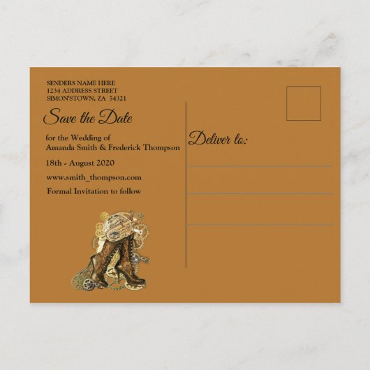 Gothic - Steampunk Op leer Save the Date Aankondigingskaart (Achterkant)