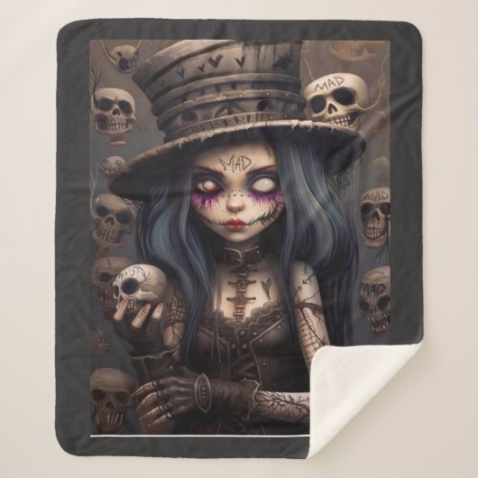 Gothic Steampunk Skull Girl – Dark Fantasy Cozy Sherpa Deken (Voorkant)