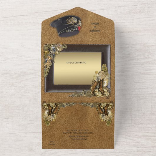 Gothic Steampunk & Suede All in One Wedding Invite All In One Uitnodiging (Buitenkant)
