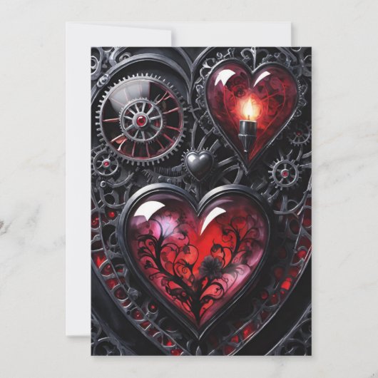 Gothic Steampunk Valentine Red & Black Gear Hearts Feestdagenkaart (Voorkant)