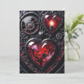 Gothic Steampunk Valentine Red & Black Gear Hearts Feestdagenkaart (Staand voorkant)