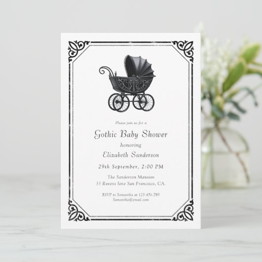  Gothic Stroller Baby Shower Invitation Kaart (Staand voorkant)