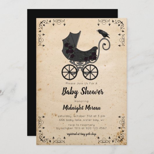 Gothic  Stroller Baby shower Invitation Kaart (Voorkant / Achterkant)