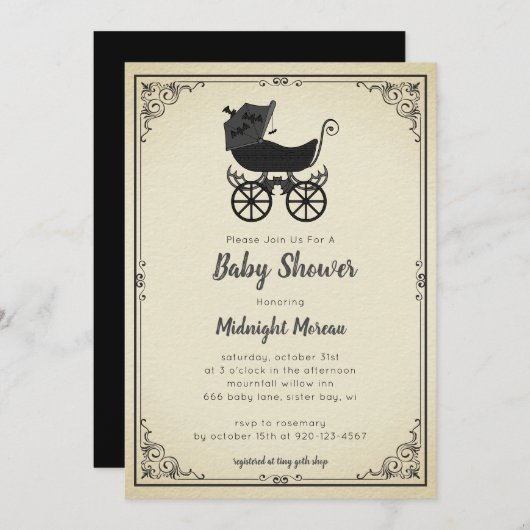 Gothic Stroller Bat Baby shower Invitation Kaart (Voorkant / Achterkant)