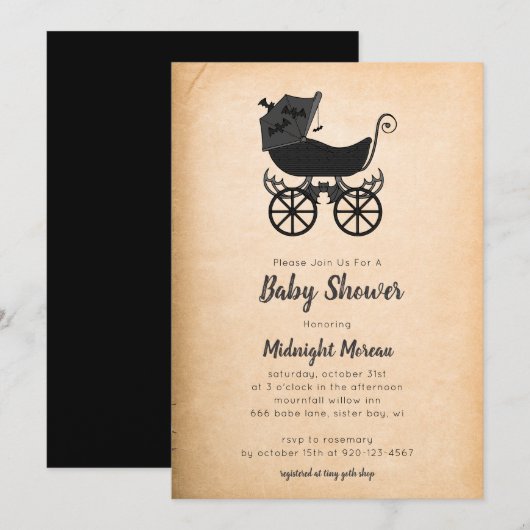 Gothic  Stroller Bat Baby shower Invitation Kaart (Voorkant / Achterkant)