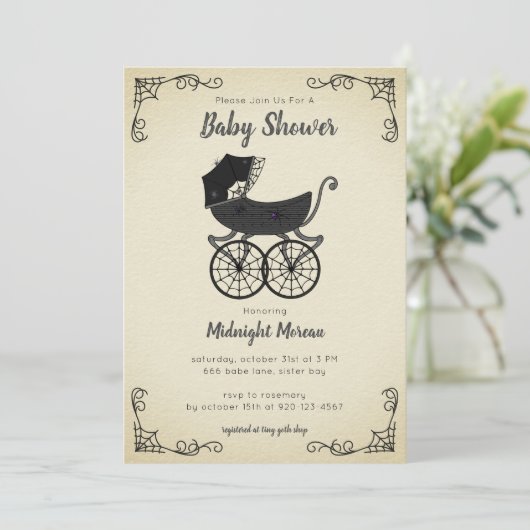 Gothic Stroller Spider Baby shower Invitation Kaart (Staand voorkant)