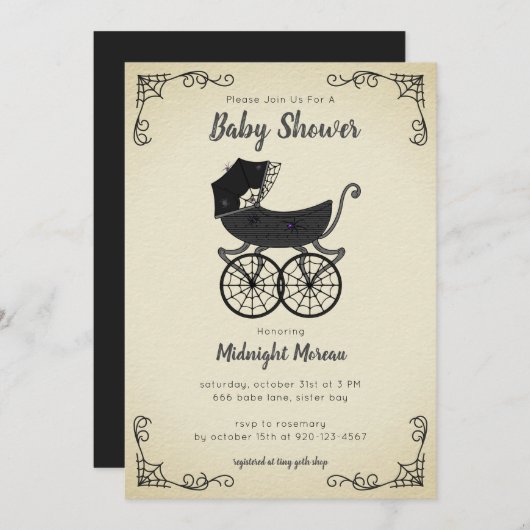 Gothic Stroller Spider Baby shower Invitation Kaart (Voorkant / Achterkant)