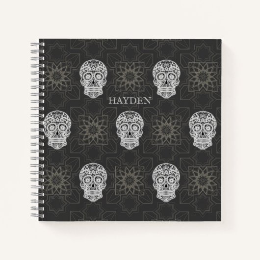 Gothic Sugar Skull and Grey Geometric Personalised Notitieboek (Voorkant)
