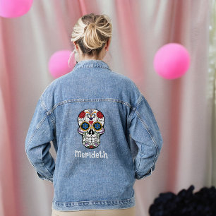 Gothic Sugar Skull Day met naam en Rozen Denim Jacket