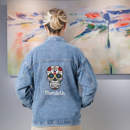 Gothic Sugar Skull Day met naam en Rozen Denim Jacket