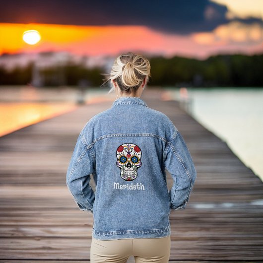 Gothic Sugar Skull Day met naam en Rozen Denim Jacket