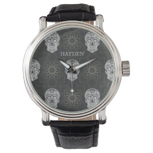 Gothic Sugar Skull en Grey Geometric Pattern Horloge